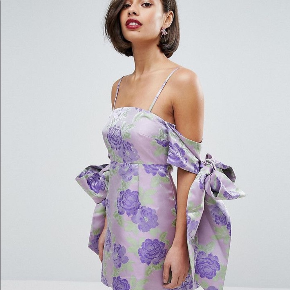 ASOS SALON Jacquard Bow Tie Cold Shoulder Empire Mini Dress